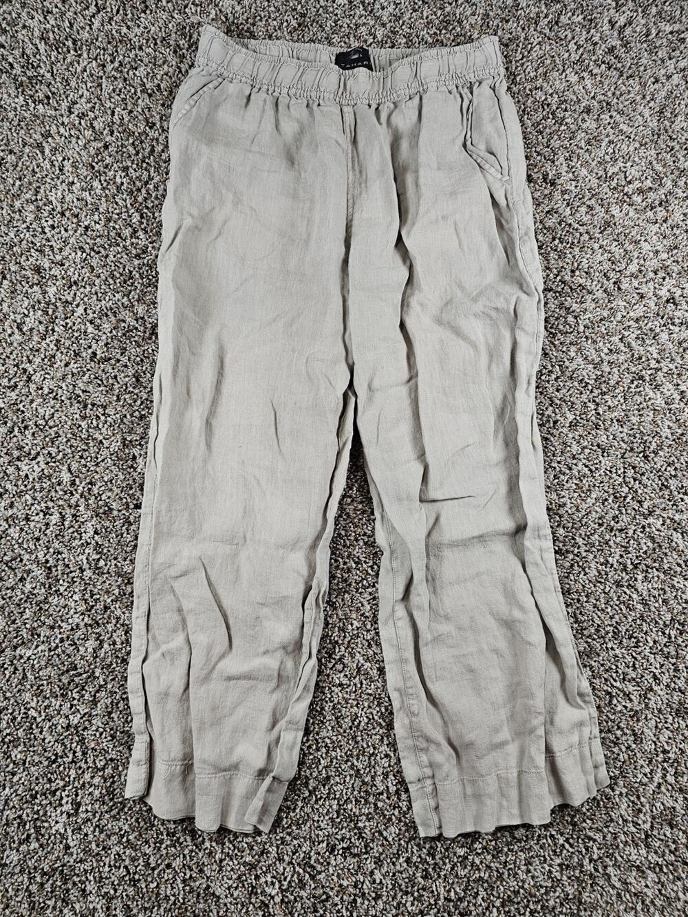 Tahari Womens Sz L Pull On 100% Linen Pants Straight Leg Beige Tan